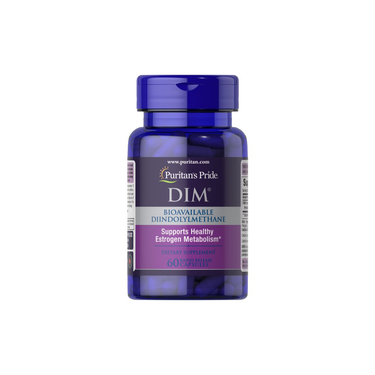 Puritan's Pride DIM Complex 100 mg, derived from cruciferous vegetables, supports healthy estrogen metabolism and comes with 60 capsules labeled